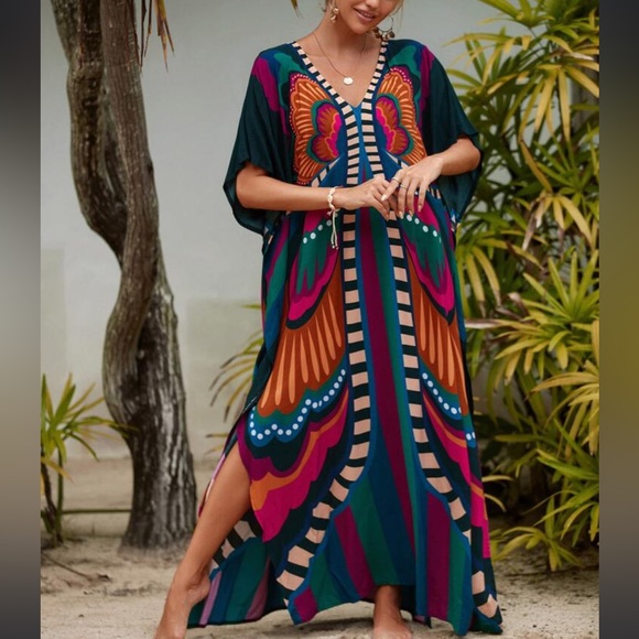 Boho Vibrant Butterfly Print Slit Kimono Kaftan Dress - Picture 3 of 12